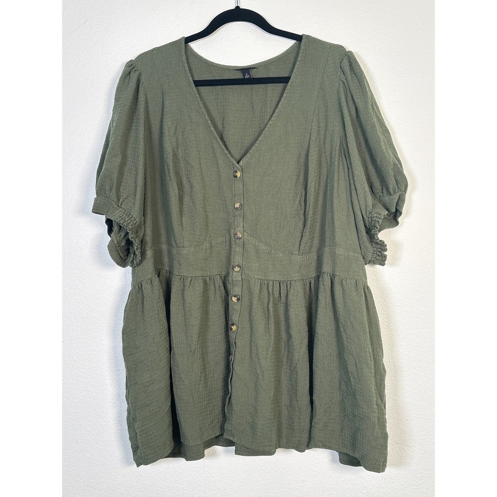 Torrid Women 4 Olive Green Gauze Button Front Babydoll Peplum Blouse Plus Size